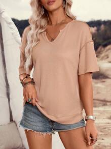 EMERY ROSE Women's Solid Color V-Neck Drop Shoulder Short Sleeve Casual T-Shirt - Khaki - View 1