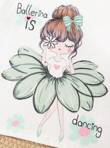 2pcs Set Young Girl Casual Cute Cartoon Character & Text Print Top Matched With Printed Floral Cinched Waist Ribbed Hem Pants 2 Pieces Outfit, Suitable For Outing, Picnic, Photo Shoot - White - View 3