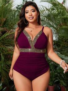Swim Lushoire Plus Size Women One-Piece V-Neck Solid Color One-Piece Swimsuit, Fashionable Vacation Beachwear For Summer - Red Violet - View 6