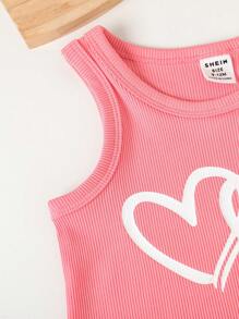 SHEIN Playful Pals 女嬰粉色夏季休閒可愛工作裝 心形印花無袖V領上衣&彈性腰長褲 6件組 春季戶外運動服裝套裝 - 彩色 - 查看 3
