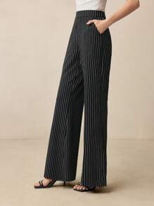 BizChic 女式黑色条纹直筒裤，春夏季办公室服装 - 黑色 - 查看 6