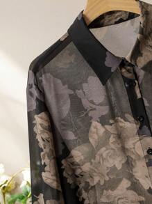 SHEIN Lacomfia Ensemble 2 pièces casual avec chemise ample à manches longues et imprimé floral et pantalon à taille élastique, grande taille, printemps/automne