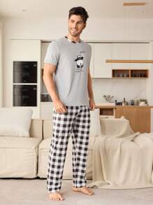 2pcs Men Panda Print Short Sleeve Top And Plaid Long Pants Pajama Set - Light Grey - View 6