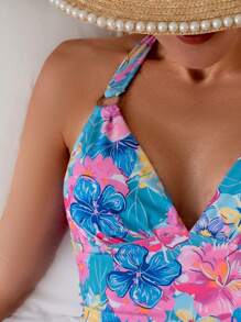 SHEIN Swim Popular Tropical Floral Print Backless One-Piece Swimsuit For Beach Holiday, Sexy Slimming Waist Party Swimwear - Multicolor - View 5