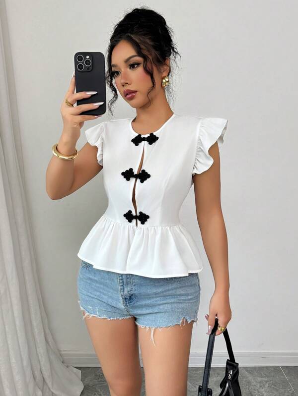 Elenzga Camisa de botones con mangas cortas de estilo chino elegante para mujer, para verano