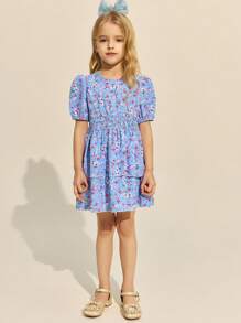 SHEIN Young Girls Light Blue Background White & Pink Floral Green Leaves Print Round Neck Woven Dress, Spring/Summer - Multicolor - View 3