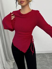 Rafferiza 女式不对称下摆抽绳喇叭袖 T 恤，纹理，秋冬款