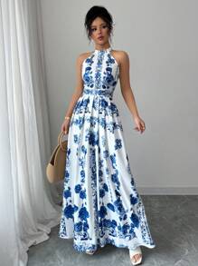 Elenzga 女士花卉印花吊带长裙，夏季假日 - 藍白色 - 查看 4