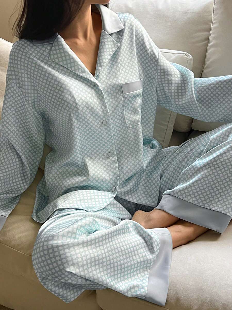 DAZY Bộ đồ ngủ dài tay kẻ caro rộng rãi 2 món cho nữ, trang phục thu đông - Màu xanh lam - Xem 1