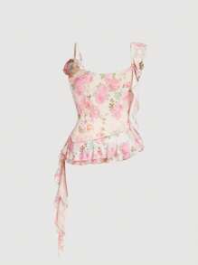 SHEIN MOD Cute Romantic 3D Flower Decor Blouse, Women Casual Chic Tops,Floral Drop Back Tank Top With 3D Flower And Layered Hem, Women Plus Size - Multicolor - View 2