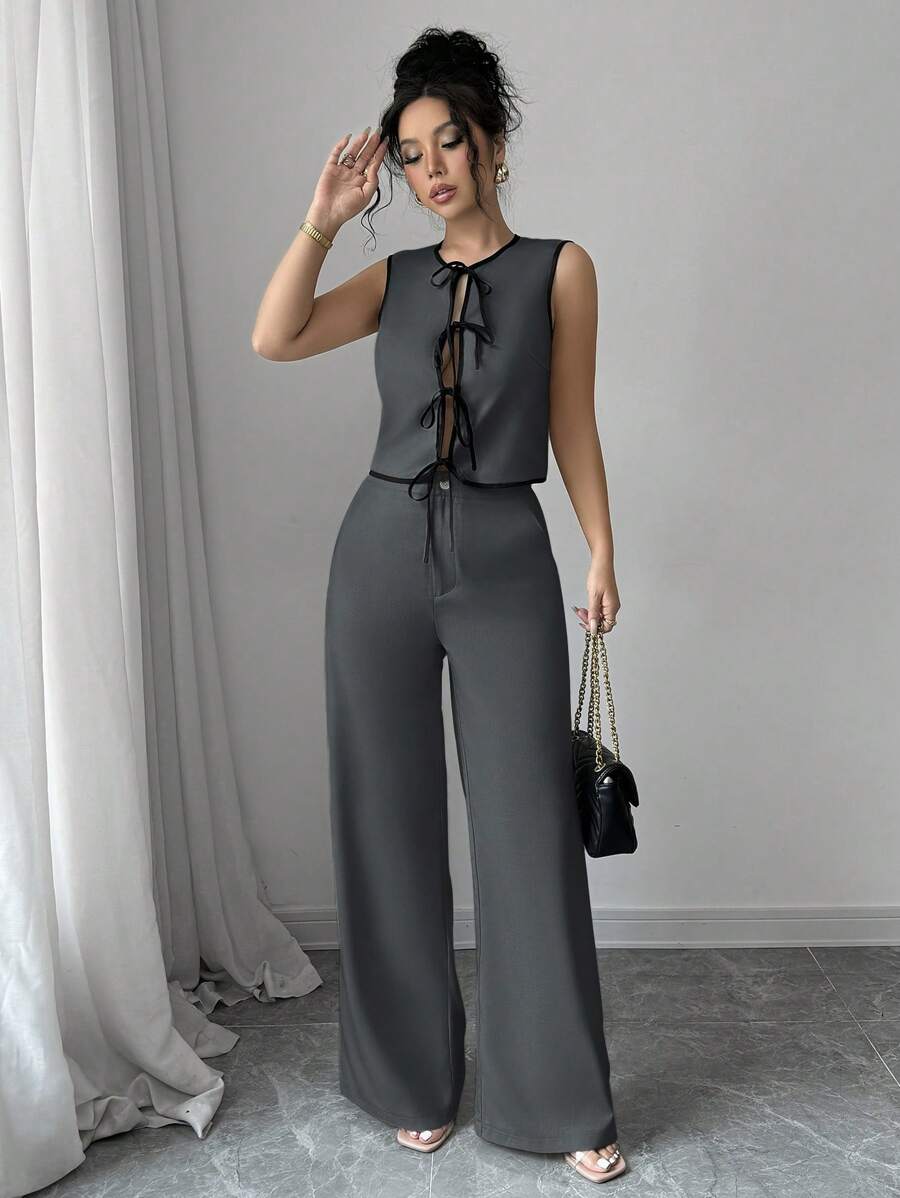 Siren Gaze Spring And Summer Women's Tie-Up Top Suit, Color Block Bow Women's Top, Solid Color Casual Loose Trousers, Women's Two-Piece Set, Daily Casual, Workplace Commuting Wear Work Clothes Women,Business Casual Woman,Summer Sets - Grey - View 1
