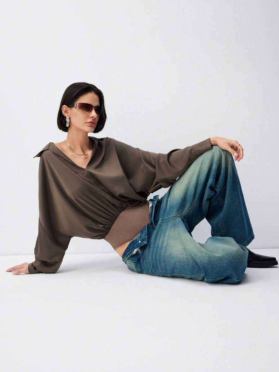 LYSMO 2025 Nouvelle Arrivée Printemps Été Chemise Satin Oversize Body - Tabac - Voir 1