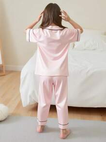 2pcs/Set Young Girl Simple Solid Color Pocket Cute Cat Print Short Sleeve Shirt And Long Pants Loungewear Set - Pink - View 2