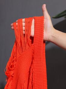 Slaydiva 2025 New Arrival Holiday Vacation Simple Hollow Out Solid Color Tie Front Top + Tassel High Waist Pants Knit 2Pcs Suit For Women, Spring/Summer - Orange - View 12