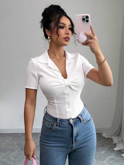Selianne Camisa casual de mujer de manga corta y botones delanteros lisos, para uso diario