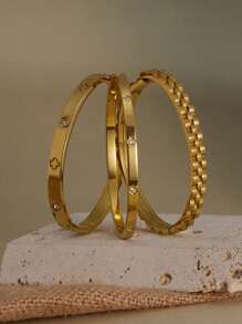 18K Gold Plated Stainless Steel Stackable Bracelet With Chain And Clover Design, Fashion Style For Women, Suitable For Casual, Party, Holiday, Birthday, Wedding, Gift Valentines Winter Gifts