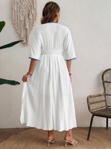 SHEIN Maternity Summer Vacation Casual Geometric Print Patchwork Split Dress - White - View 2