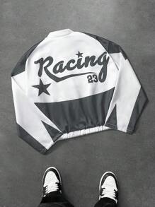 Manfinity EMRG Young Men's Streetwear-Inspired Racing Element Black And White Letter Pattern Positioning Print Zip-Up Stand-Up Collar Short Racing Jacket With College Style ,Jersey Jacket ,Men Jacket ,Fall And Winter Men Clothes - Grey - View 2