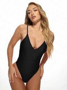 MISSGUIDED Plunge Neck One Piece Swimsuit Beach Vacation Swim Spaghetti Strap Bathing Suit High Cut Thong Brazilian Beachwear Summer Swimming Pool Resort Wear