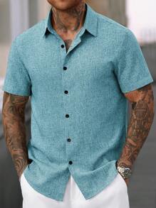 Manfinity Homme Manfinity CasualCool Men's Linen Striped Short-Sleeved Shirt For Daily Commute In Summer