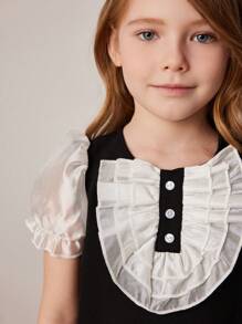 PrepCrw Young Girls' Contrast Color A-Line Chiffon Dress With Puff Sleeves, For Spring/Summer - Black and White - View 7