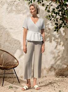 EMERY ROSE 2 件套女士纯色系带短袖上衣和长裤 - 白色 - 查看 5