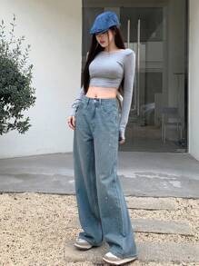 DAZY Women's Casual Loose Pockets Denim Wide-Leg Jeans Sequin