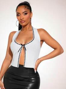 SHEIN SXY Simple Minimalist Sexy Halter Contrast Color Ribbon Bow Backless Sexy Knitted Tank Top - White - View 5