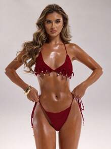 SHEIN BAE Vacation Beach Fringe Decor Knit Bikini Tops Summer Outfits For Women Summer Tops Bathing Suits For Women Swimsuits Vacation Outfits Woman Spring Outfits For Women Tube Top Beach Outfits For Woman Tank Tops Women Swimsuits For Woman Crop Tops Top Corset Crop Tops Women Western Wear Women - Red - View 7