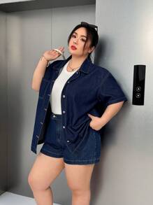 SHEIN ICON Plus Size Casual Loose Short Sleeve Denim Jacket - Blue - View 4