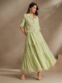 Anewsta Conjunto elegante y romántico de 2 piezas para mujer - Blusa con flecos y aplicación floral verde y falda larga, para primavera/verano