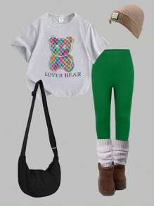 SHEIN Explorewe Young Girl Casual Fashionable Creative Cute Graphic Letter Print Tee And Leggings 2-Piece Set Summer Holiday - Multicolor - View 3