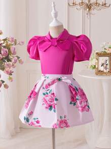SHEIN Glamorique Kids Young Girl' Spring/Summer Bow Collar Satin Blouse & Floral Print Skirt 2 Pieces Set Young Girls Clothing Sets Summer - Hot Pink - View 8