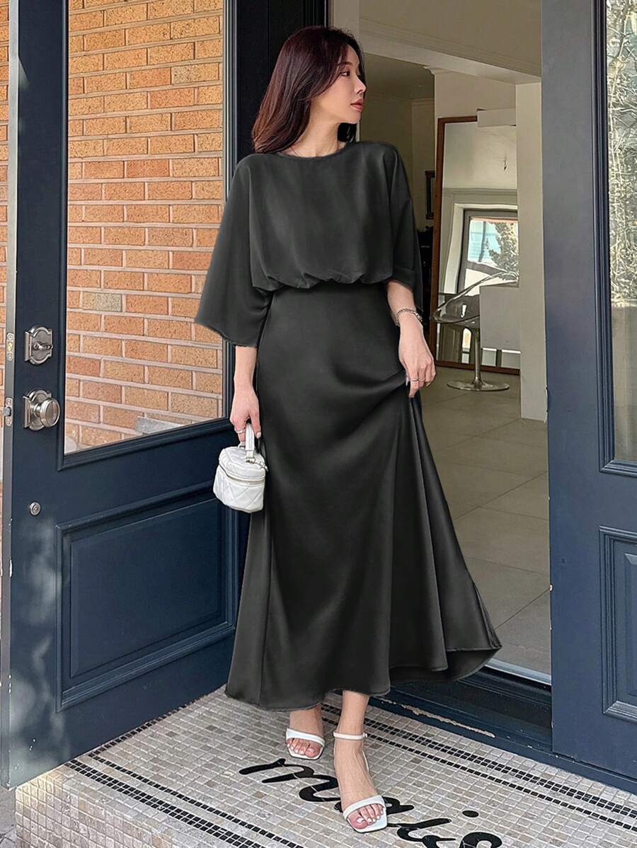 DAZY 女士优雅纯色蝙蝠袖连衣裙 优雅吊带裙 - 黑色 - 查看 1