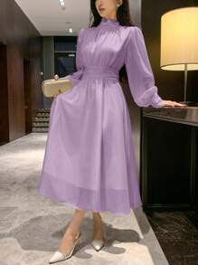 DAZY 女士派对/约会蝴蝶结宽松中长连衣裙舞会礼服优雅秋季连衣裙长袖连衣裙 - 淡紫色 - 查看 2