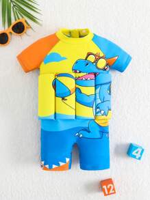 Baby Boy Round Neck Dinosaur Print Short Sleeve Buoyancy Zipper Swimsuit - Multicolor - View 1