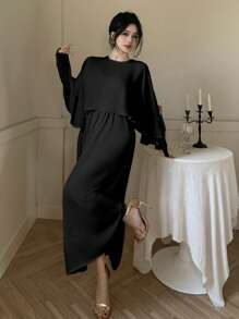 DAZY Vestido de fiesta de gasa hasta la pantorrilla para mujer, vestido de manga larga para primavera/otoño