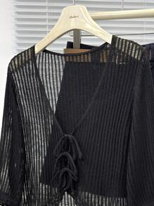 Calvaya Plus Size Casual French Style Black Frill Trim Tie Front Cropped Lightweight Cardigan - Black - View 3