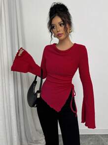 Rafferiza 女式不对称下摆抽绳喇叭袖 T 恤，纹理，秋冬款