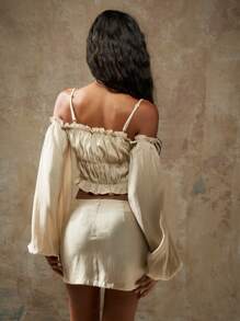 MISSGUIDED Bardot Crop Top Long Sleeve Bead Detail Co-Ord Set Mini Skirt Outfit Party Club Festival Holiday Tie Front Smocked Ruched - Khaki - View 2