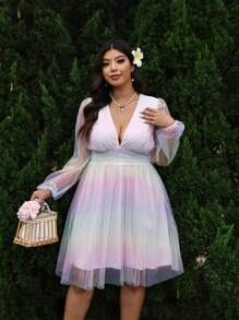 Breezaya Vestido sexy de manga farol con escote profundo en V y malla en tallas grandes para mujer