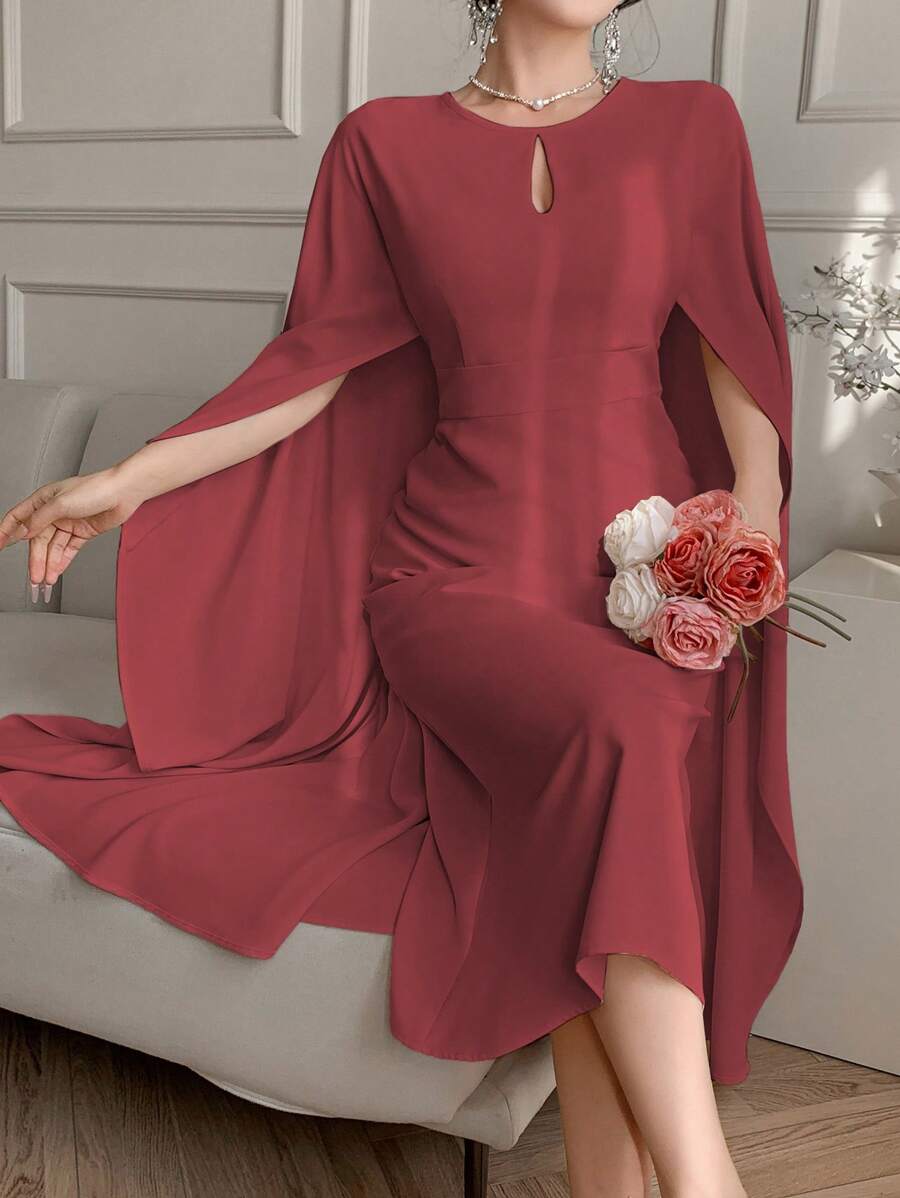 DAZY Đầm midi tay cánh dơi cổ tròn màu trơn cho nữ, đầm suông thanh lịch, đầm thu, đầm dài tay màu đỏ cho nữ - Màu Đỏ Sâu - Xem 1