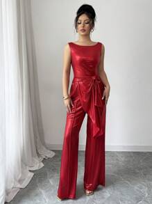 Elenzga High-End Design Sleeveless Top And Wide Leg Glossy Red Pants Elegant Slim-Fit Fashion Set - Red - View 4