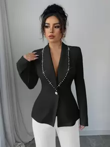 Elenzga 1pc Women's Pearl Decor Shawl Neck Fitted Blazer, Suitable For Daily Commute - Black - View 1