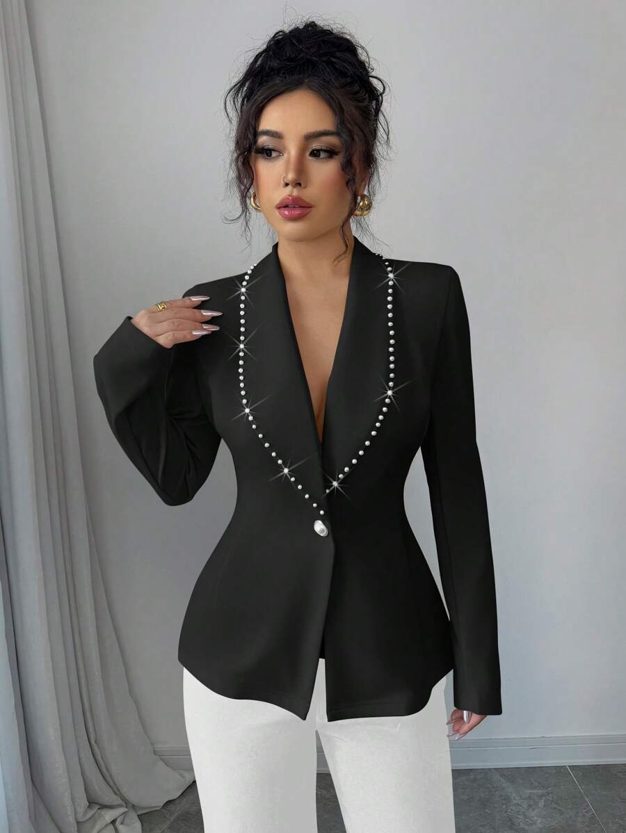 Elenzga 1pc Women's Pearl Decor Shawl Neck Fitted Blazer, Suitable For Daily Commute - Black - View 1