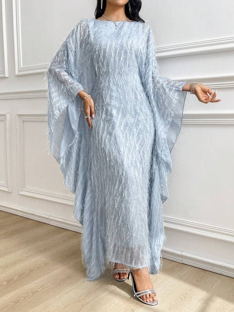 SHEIN Najma فستان كفتان وجلابية أنيقة نسائية من قماش الريش الأزرق فاتح، ملابس صيفية متواضعة ، لحفلات عشاء فخمة - أزرق فاتح اللون - مشاهدة 4