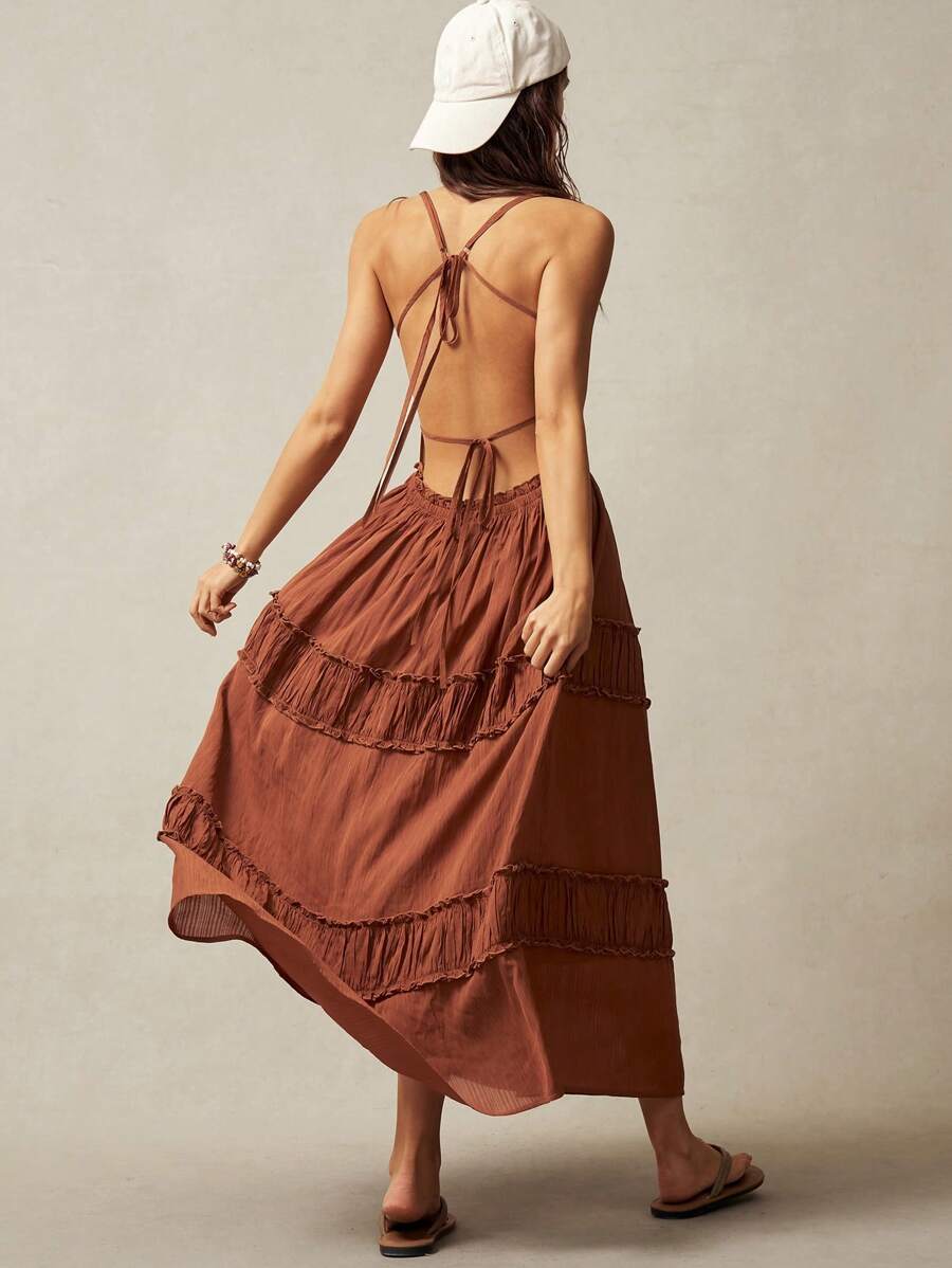 Bohemela 波西米亚风 1 件女式纯色编织中长连衣裙，带荷叶边下摆，波西米亚风女式连衣裙，女式连衣裙，女式连衣裙，波西米亚风长裙，女式露背连衣裙 - 摩卡棕 - 查看 1