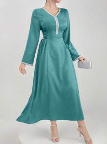 Al Najma 女式 V 领长袖拼接腰带阿拉伯风格连衣裙，端庄