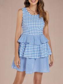INAWLY Blue Plaid Patchwork With Ruffle Hem Casual Dress, Spring/Summer - Blue - View 5