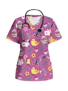 PopScrub Easter Rabbit & Egg Floral Pattern Casual Pullover Scrub Uniforms Top - White - View 1